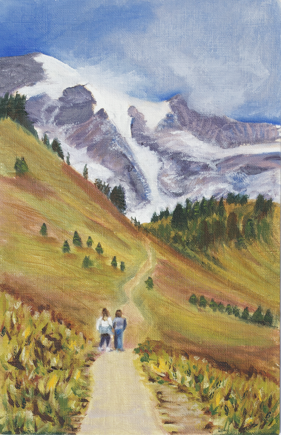 Painting of two people walking on a path with a mountain in the background